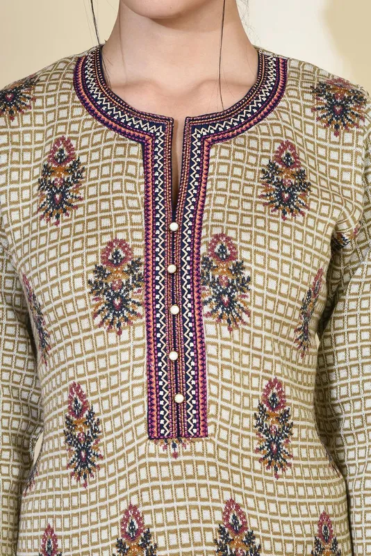 Winter Beige Woven Design Embroidered Yoke Kurta Set