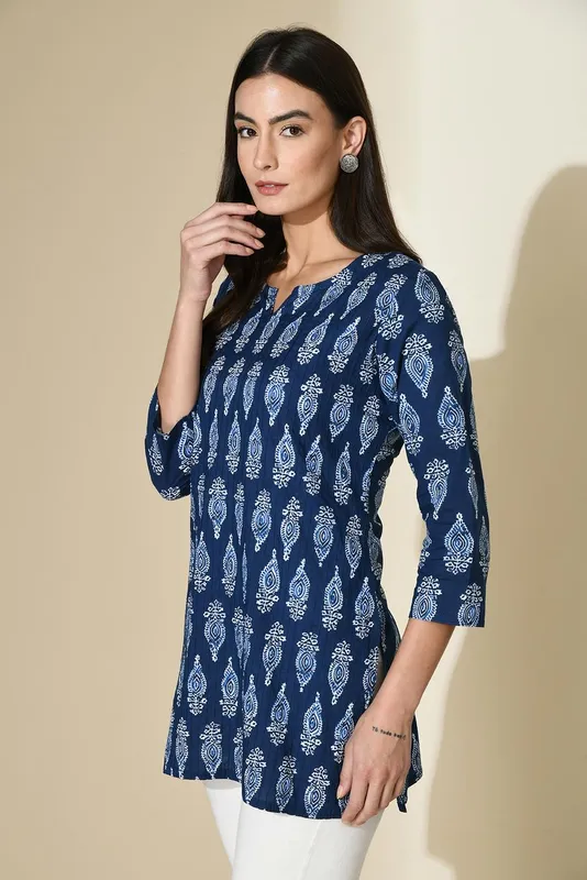 Blue Block Print Pintex Straight Top