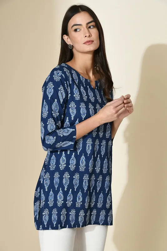 Blue Block Print Pintex Straight Top