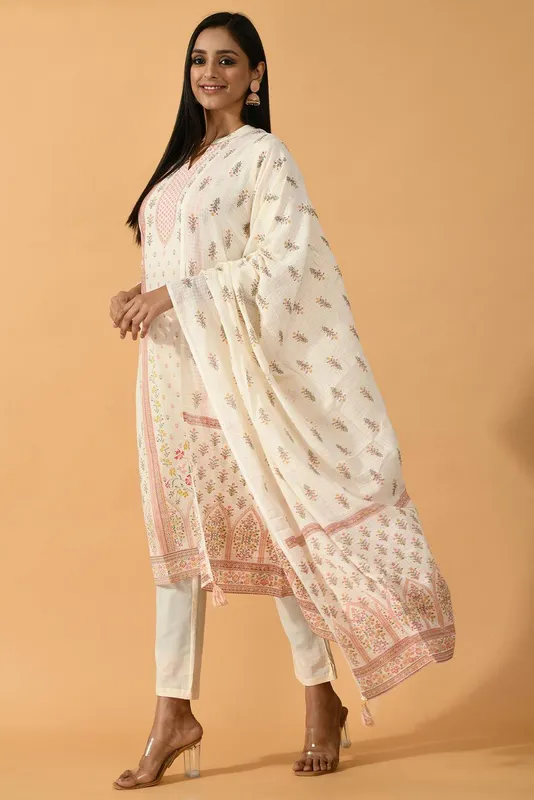 Cream Printed Straight Kurta Set