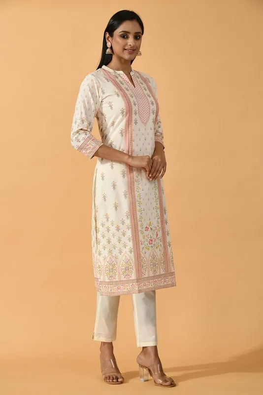 Cream Printed Straight Kurta Set