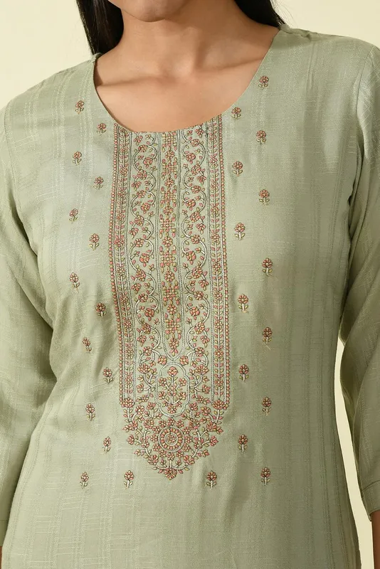 Mehandi Green Yoke Embroidered Straight Kurta