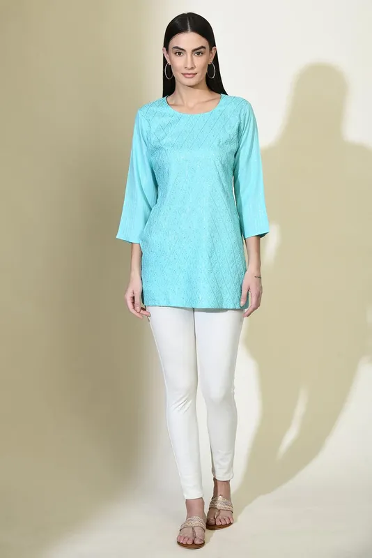 Blue Solid Embroidered Top