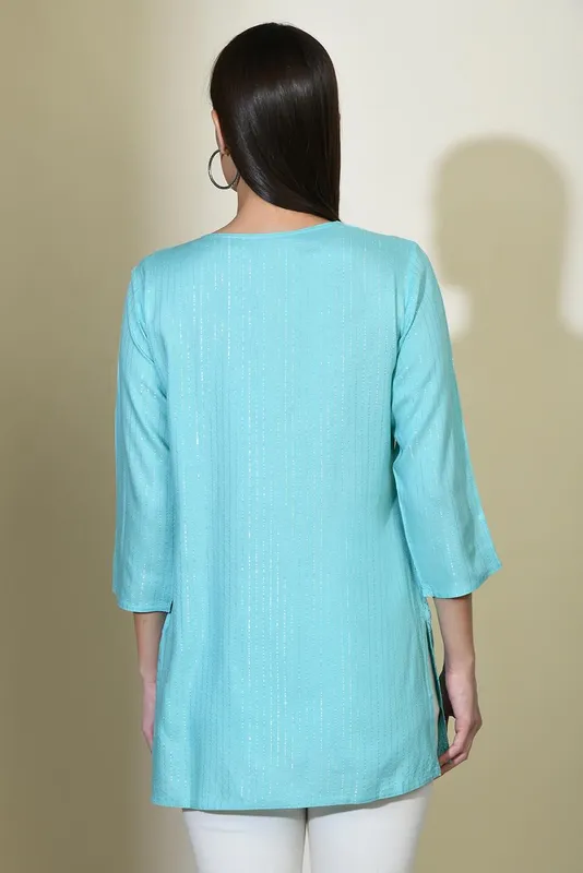 Blue Solid Embroidered Top