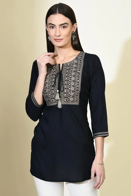 Dark Blue Solid Yoke Embroidered Straight Top