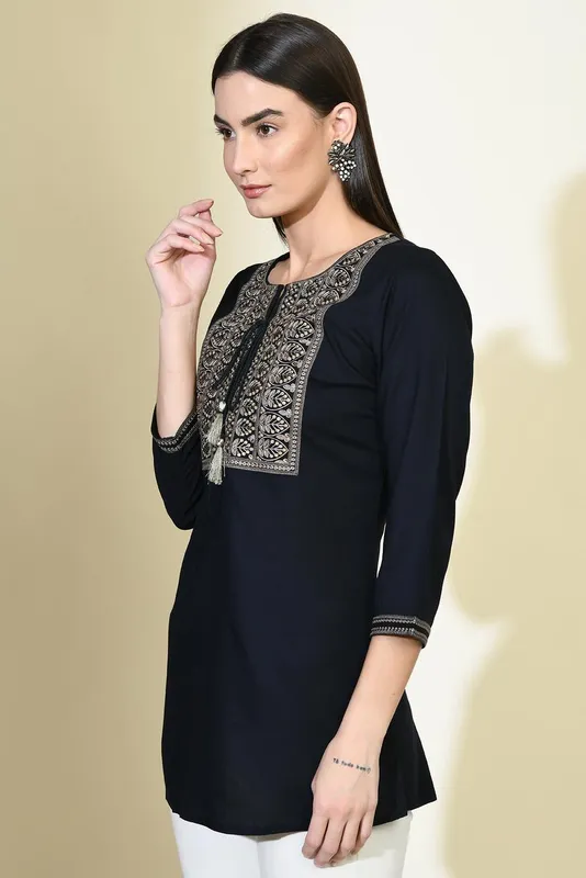 Dark Blue Solid Yoke Embroidered Straight Top