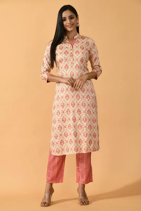 Beige Printed Kurta Set