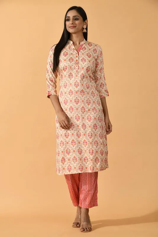 Beige Printed Kurta Set