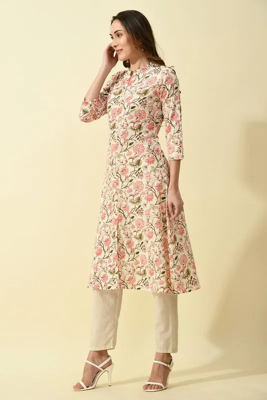 Cream Floral Printed A-Line Kurta