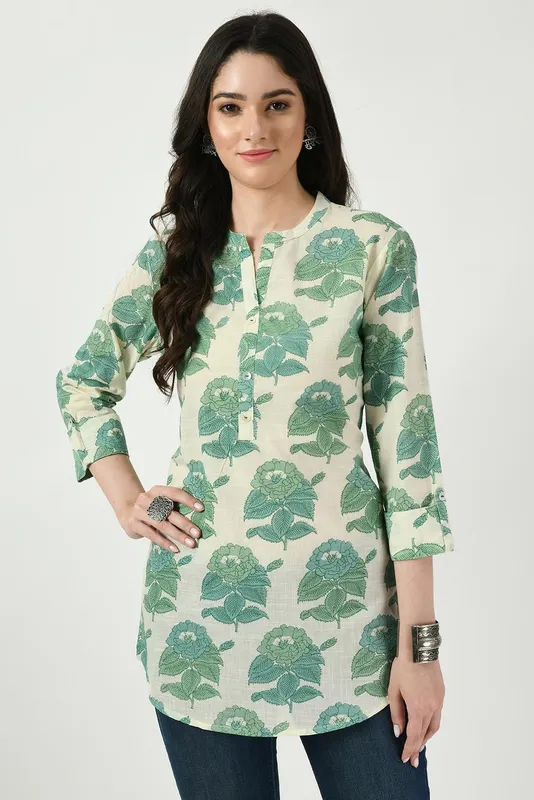 Cream Floral Green Printed Top