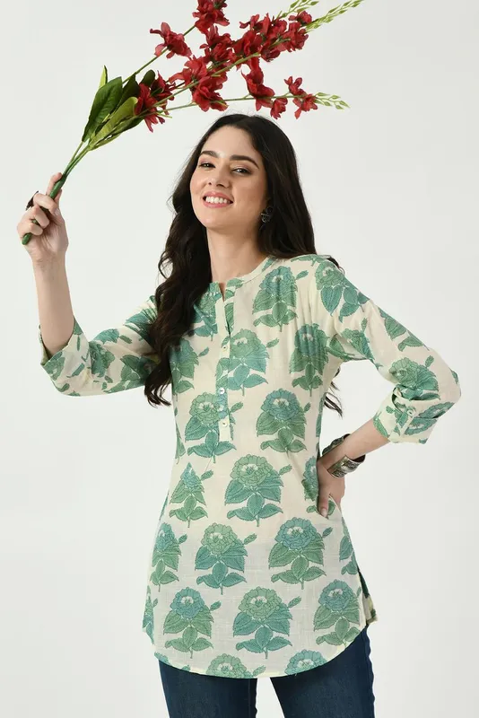 Cream Floral Green Printed Top