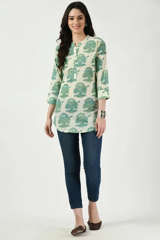 Cream Floral Green Printed Top