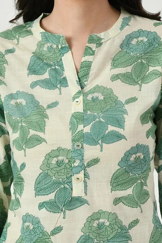 Cream Floral Green Printed Top
