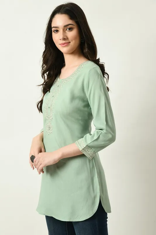 Green Yoke Embroidered Solid Straight Top