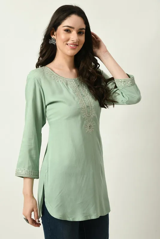 Green Yoke Embroidered Solid Straight Top