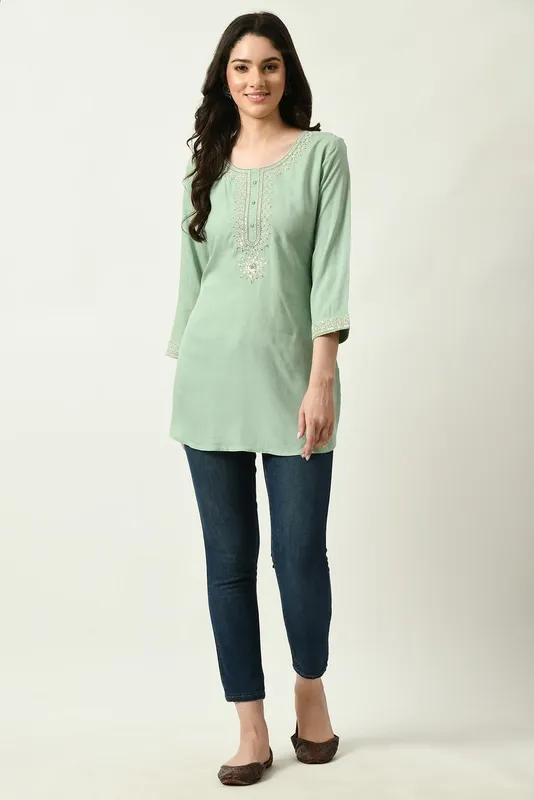 Green Yoke Embroidered Solid Straight Top