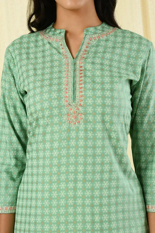 Green Embroidered Printed Straight Kurta