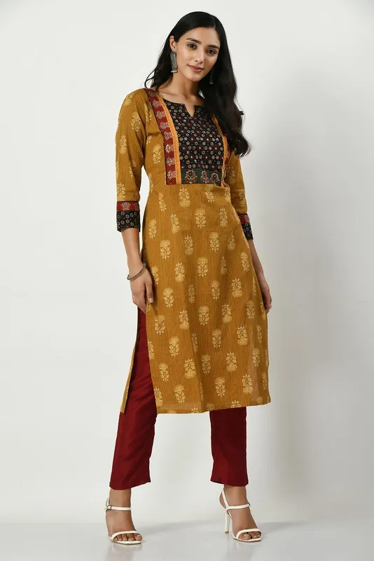 Mustard Yoke Stone and Mirror Work Printed Kurta