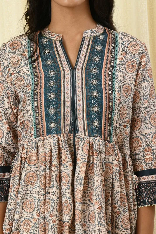 Cream Printed Gathered Dress