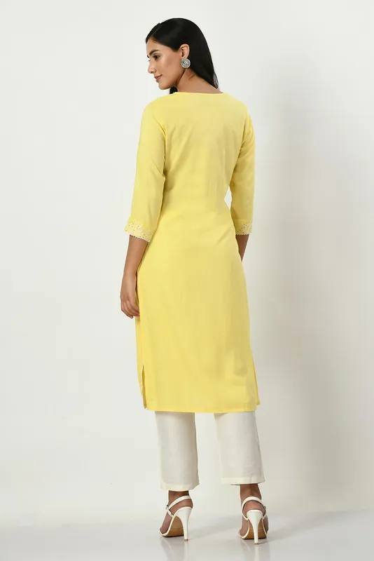 Yellow Yoke Embroidered Stone and Mirror Work Kurta