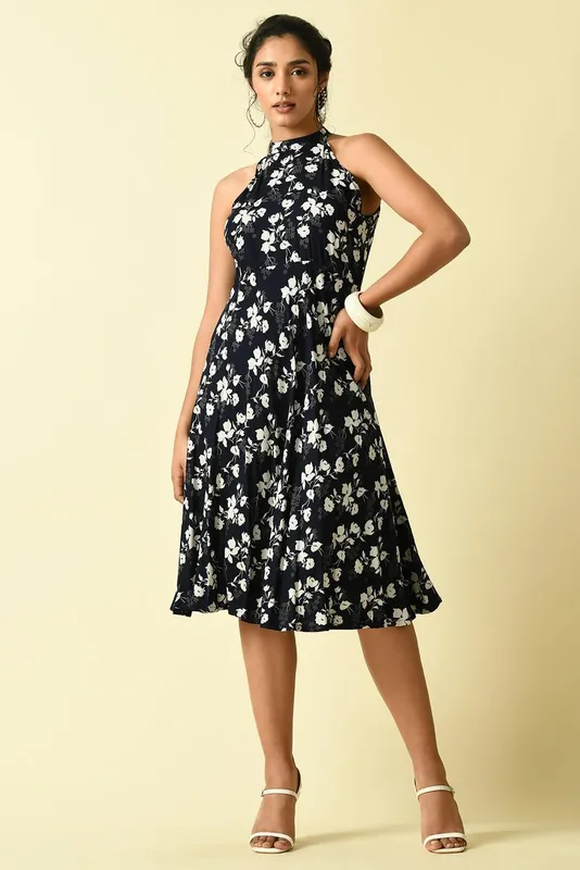 Blue Floral printed flared Dress