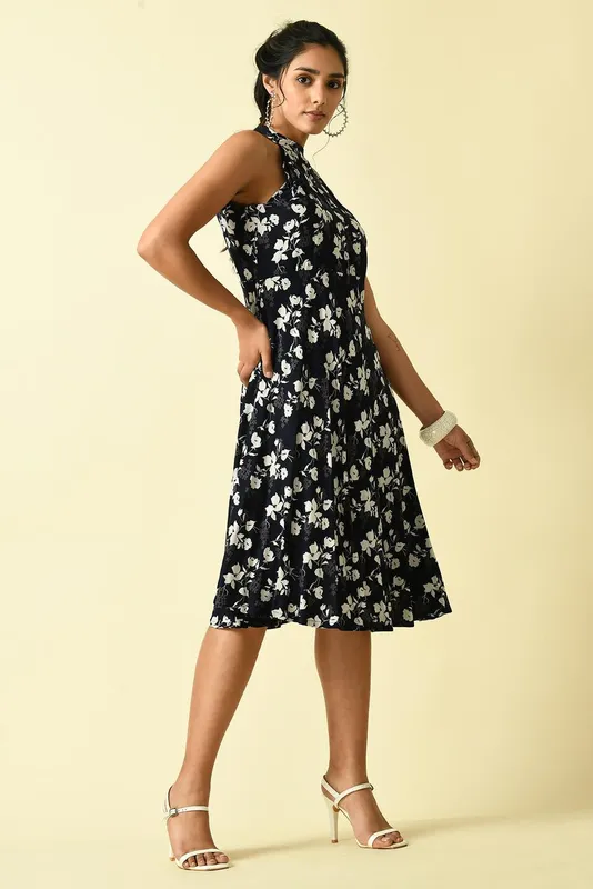 Blue Floral printed flared Dress