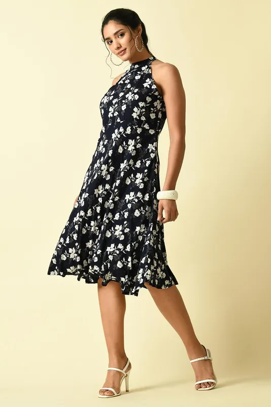 Blue Floral printed flared Dress