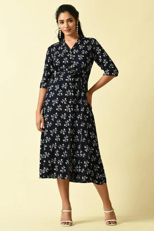 Blue Floral Printed A-line Dress