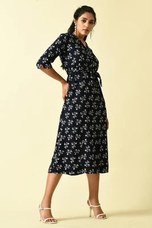 Blue Floral Printed A-line Dress