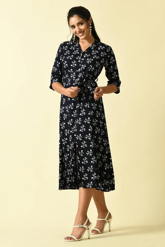 Blue Floral Printed A-line Dress