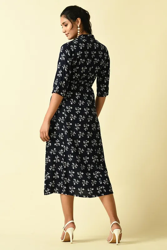 Blue Floral Printed A-line Dress