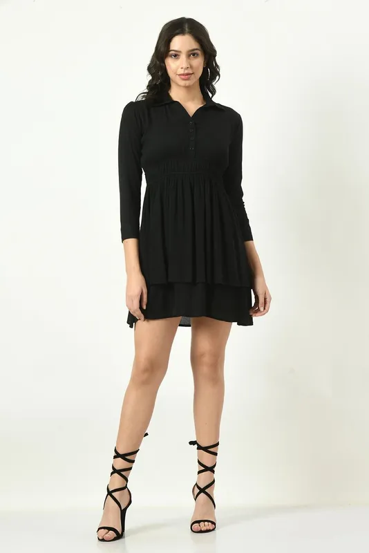 Black Solid Cinched Waist Dress