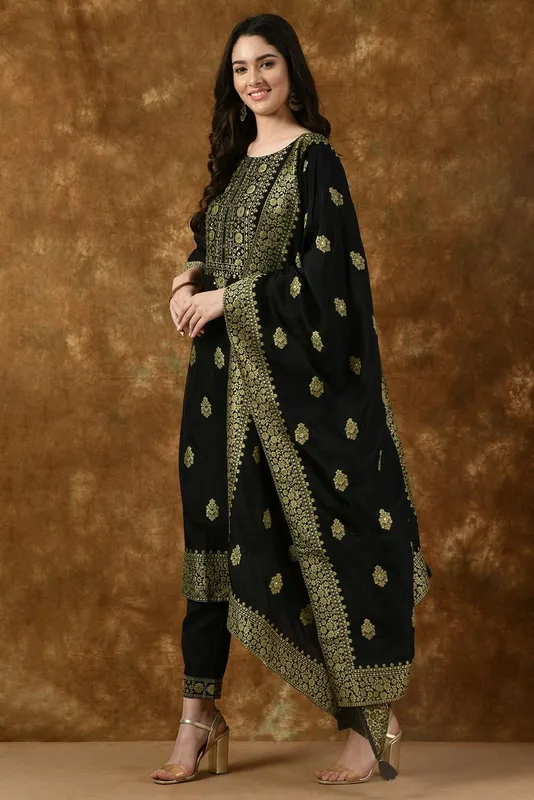 Black Embroidered Straight Kurta Set