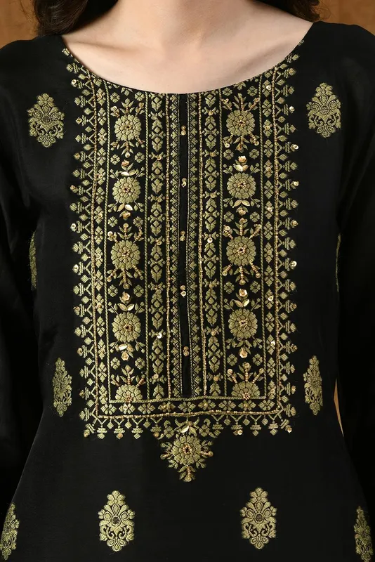 Black Embroidered Straight Kurta Set