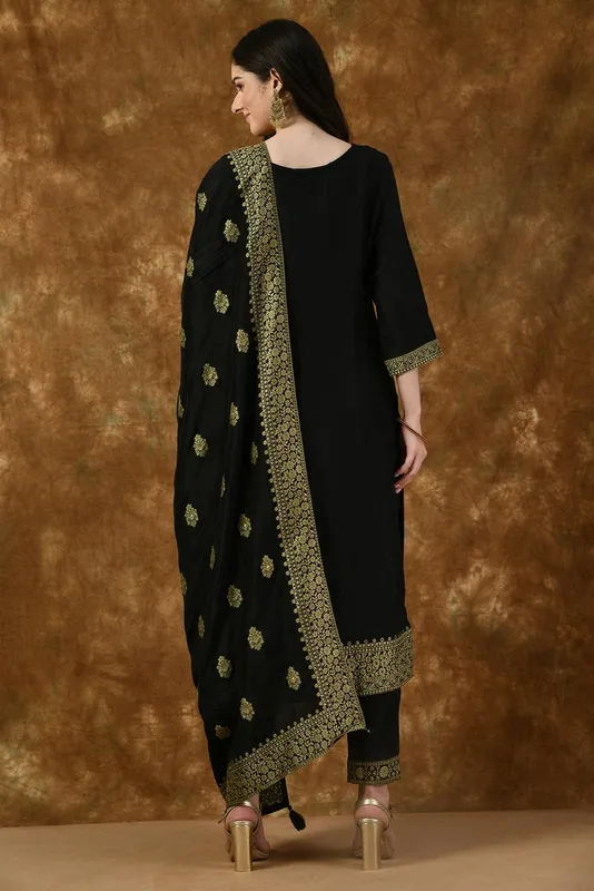 Black Embroidered Straight Kurta Set