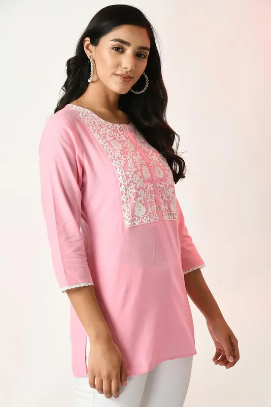 Pink Yoke Embroidered Top