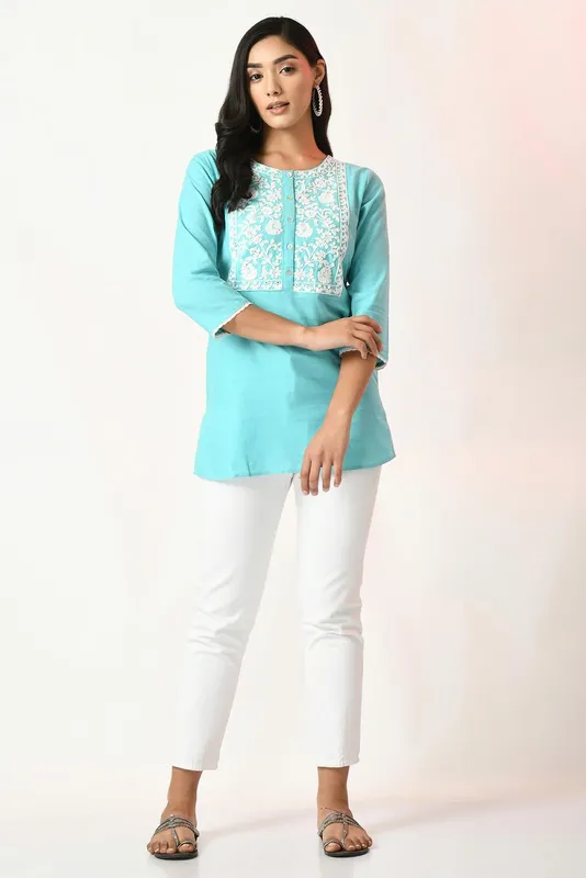 Blue Yoke Embroidered Top