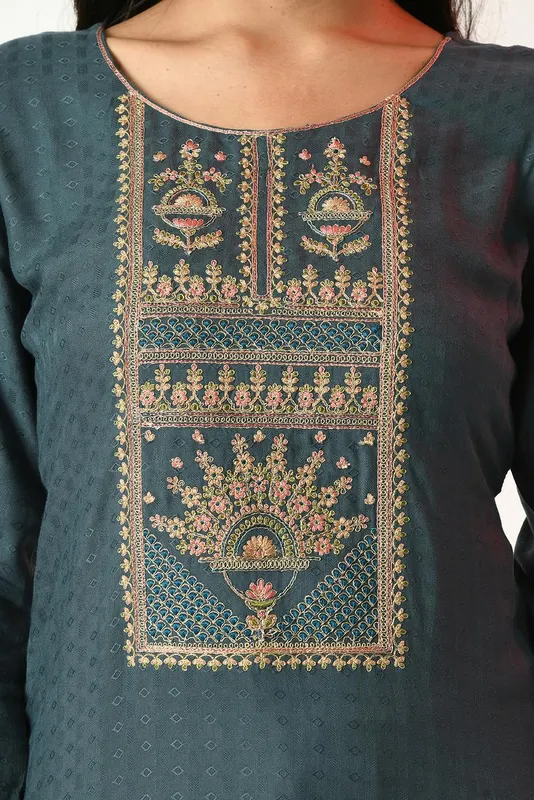 Teal Yoke Zari Embroidered Kurta