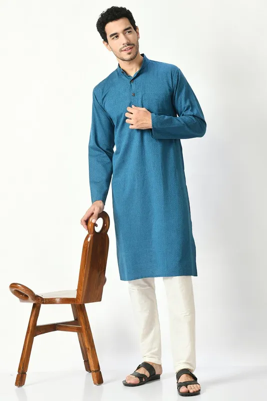 Blue Cotton Dobby Regular Fit Long Kurta