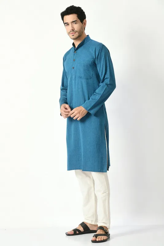 Blue Cotton Dobby Regular Fit Long Kurta