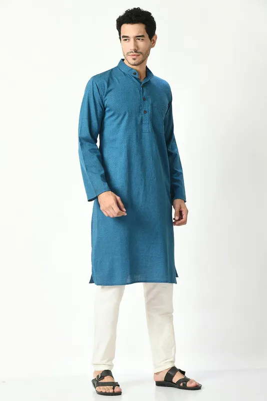 Blue Cotton Dobby Regular Fit Long Kurta