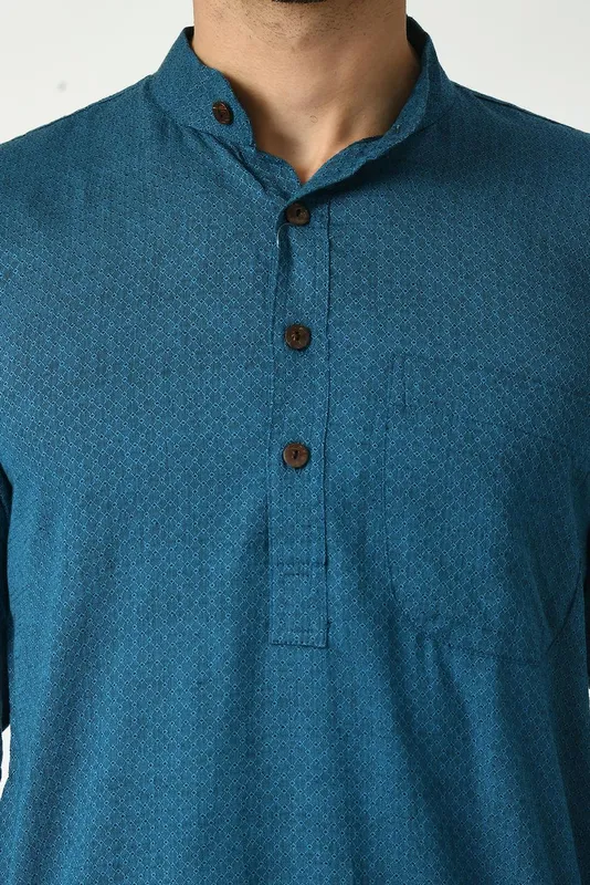 Blue Cotton Dobby Regular Fit Long Kurta