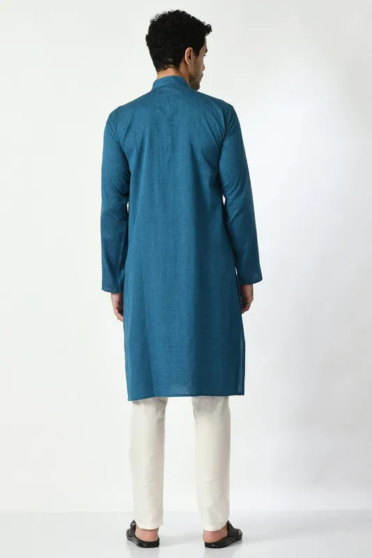 Blue Cotton Dobby Regular Fit Long Kurta