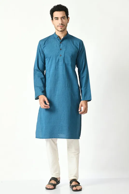 Blue Cotton Dobby Regular Fit Long Kurta