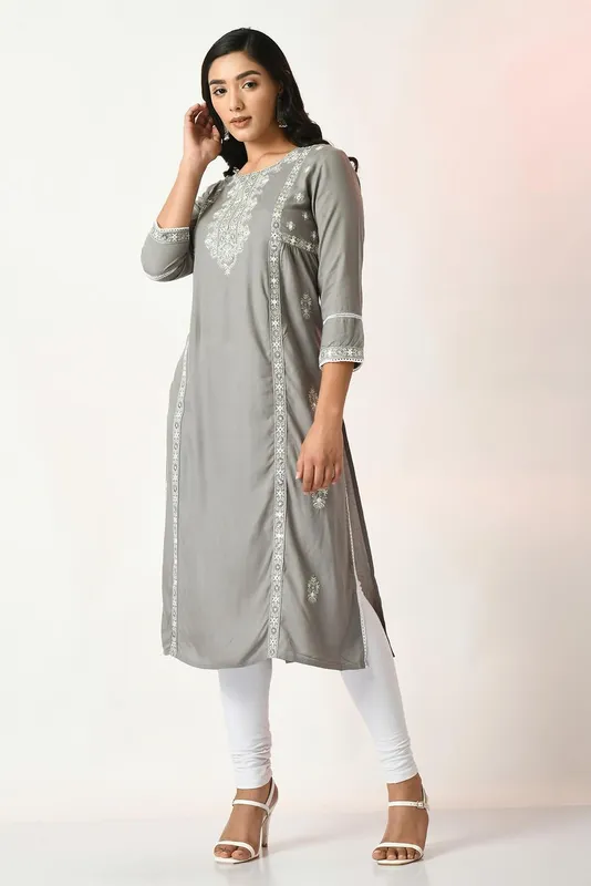 Grey Embroidered and Stone Work Kurta