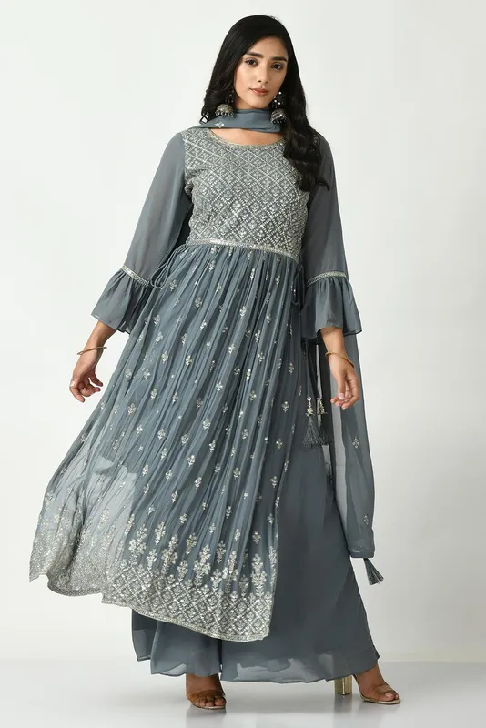 Grey Zari Embroidered Kurta Set