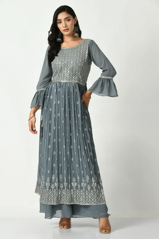 Grey Zari Embroidered Kurta Set