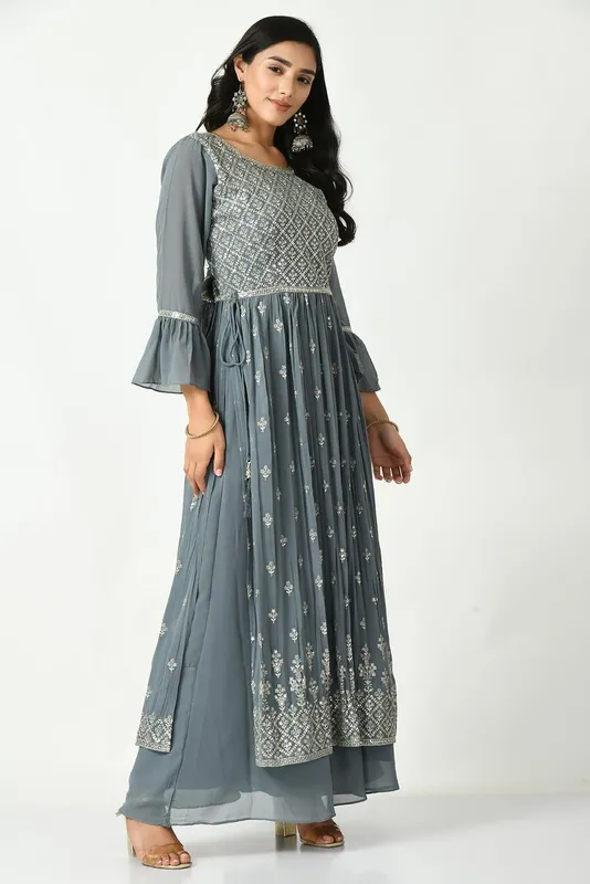 Grey Zari Embroidered Kurta Set