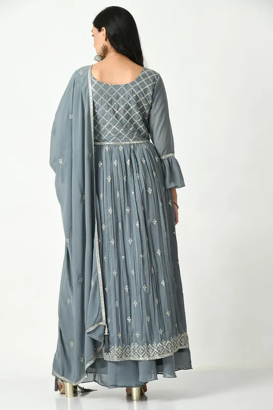 Grey Zari Embroidered Kurta Set