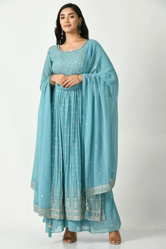 Sea Green Zari Embroidered Kurta Set